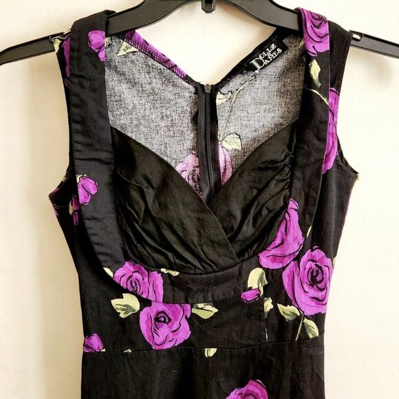 Dollz & Dames Black Purple Rose Pattern Swing Dress Size Small Rockabilly Pinup - Picture 2 of 6